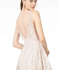 GLS By Gloria - GL2908 Deep V-Neck Glitter Tulle A-Line Dress