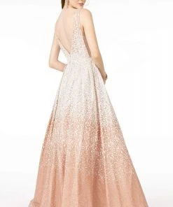 GLS By Gloria - GL2908 Deep V-Neck Glitter Tulle A-Line Dress