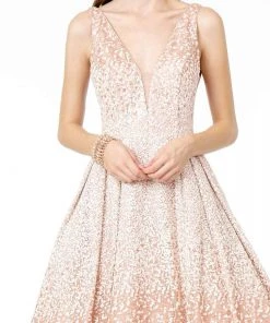 GLS By Gloria - GL2908 Deep V-Neck Glitter Tulle A-Line Dress