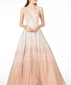 GLS By Gloria - GL2908 Deep V-Neck Glitter Tulle A-Line Dress