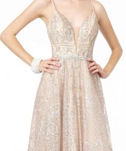 GLS By Gloria - GL2915 Deep V-Neck Glitter Mesh A-Line Dress 8 GLS By Gloria - GL2915 Deep V-Neck Glitter Mesh A-Line Dress