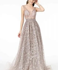 GLS By Gloria - GL2971 Embroidered Deep V-Neck A-Line Dress