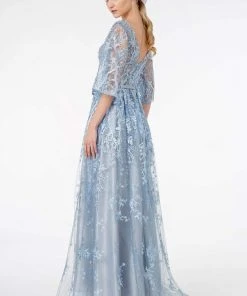 GLS By Gloria - GL2973 Embroidered V-Neck A-Line Dress