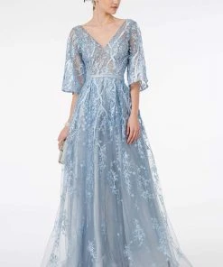 GLS By Gloria - GL2973 Embroidered V-Neck A-Line Dress