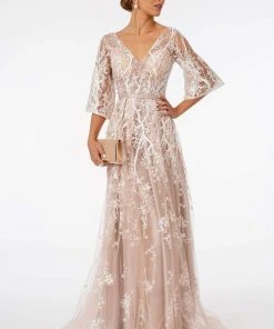 GLS By Gloria - GL2973 Embroidered V-Neck A-Line Dress