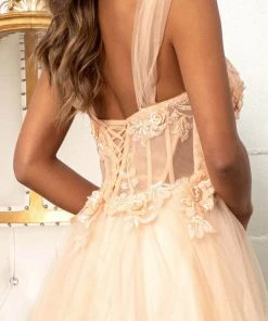 GLS By Gloria GL3007 - Illusion Plunging V-neck Long Gown