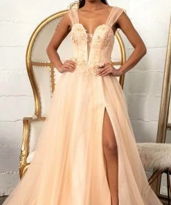 GLS By Gloria GL3007 - Illusion Plunging V-neck Long Gown