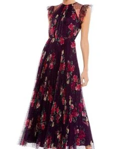 Ieena Duggal - 2143 Floral Printed Pleated A-Line Dress