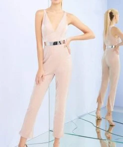 Party Dresses Ieena Duggal - 26100I Plunging V-neck Jumpsuit With Slits