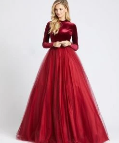 Ieena Duggal - 26147I Long Sleeve Velvet Tulle Ballgown