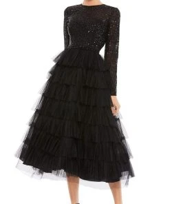 Ieena Duggal - 26299 Long Sleeve Sequin Bodice A-Line Dress