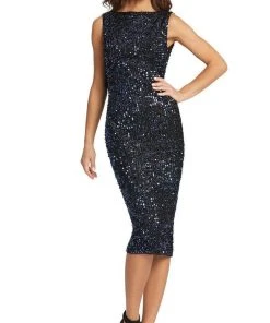 Ieena Duggal - 26438 High Bateau Neck Plunge Cowl Back Sequin Dress
