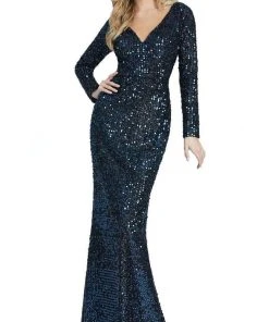 Ieena Duggal - 26445 Sequined Long Sleeve Mermaid Dress