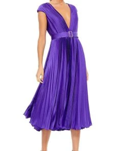 Ieena Duggal - 26483 Plunging V-Neck Accordion Pleated A-Line Dress