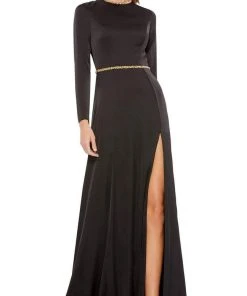 Ieena Duggal - 26524 Crystal Trim Long Sleeve High Slit A-Line Gown