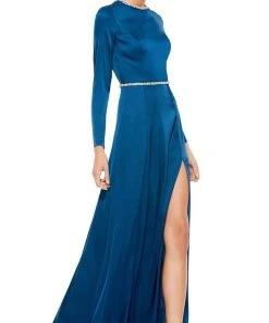 Ieena Duggal - 26524 Crystal Trim Long Sleeve High Slit A-Line Gown