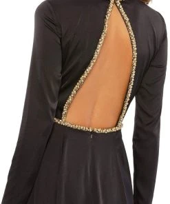 Ieena Duggal - 26524 Crystal Trim Long Sleeve High Slit A-Line Gown