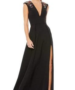 Ieena Duggal - 26540 V-Neck Beaded Shoulders A-Line Gown With Slit