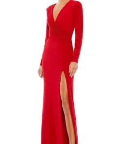 Ieena Duggal 26686 - Long Sleeves Deep V-neck Evening Gown