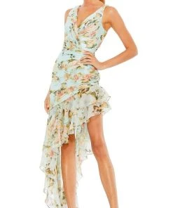 Ieena Duggal - 49144 Floral Printed High Low Dress