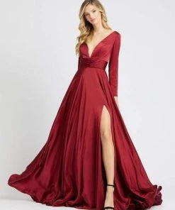 Ieena Duggal - 55245I Long Sleeve Plunging V-Neck High Slit Gown