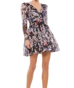 Ieena Duggal - 55423I Long Sleeve Floral A-Line Dress