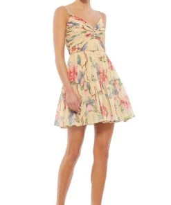 Ieena Duggal - 55430I Ruched Bod Floral Short Dress