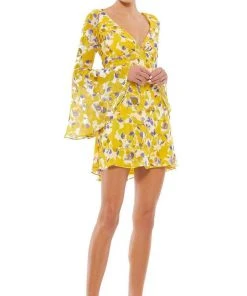 Ieena Duggal - 55435I Long Bell Sleeves Empire A-Line Dress