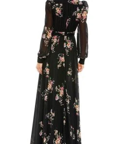 Ieena Duggal 55661 - V-Neck Tie Belt Floral Evening Gown