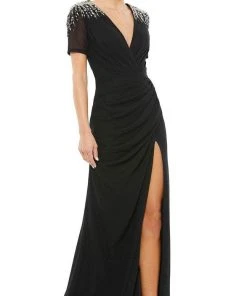 Ieena Duggal 55704 - Embellished Shoulders V-Neck Long Dress
