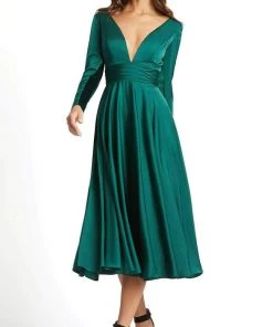 Ieena Duggal - 67527 Long Sleeve Deep V Neck A-Line Dress