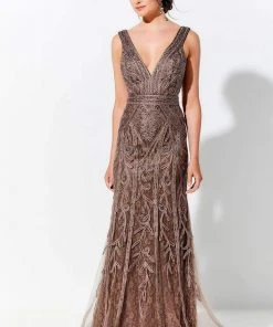 Ivonne D By Mon Cheri - 120D03 Plunging V-Neck Metallic Lace Dress Ivonne D For Mon Cheri