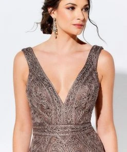 Ivonne D By Mon Cheri - 120D03 Plunging V-Neck Metallic Lace Dress Ivonne D For Mon Cheri