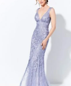 Ivonne D By Mon Cheri - 120D03 Plunging V-Neck Metallic Lace Dress Ivonne D For Mon Cheri