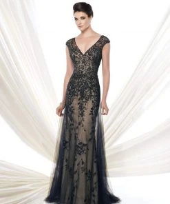 Ivonne D By Mon Cheri - Beaded Tulle Dress 115D74 - 1 Pc Navy Blue Nude In Size 4 Available