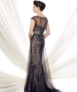 Ivonne D By Mon Cheri - Beaded Tulle Dress 115D74 - 1 Pc Navy Blue Nude In Size 4 Available