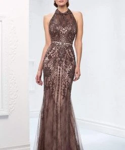 Ivonne D For Mon Cheri - 218D27 Beaded Lace Sheer Halter Fitted Dress