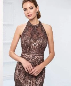 Ivonne D For Mon Cheri - 218D27 Beaded Lace Sheer Halter Fitted Dress 7 Ivonne D For Mon Cheri - 218D27 Beaded Lace Sheer Halter Fitted Dress