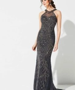 Ivonne D For Mon Cheri - 219D74 Bedazzled Halter Dress With Train