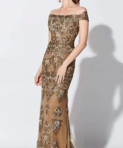 Ivonne D For Mon Cheri - Appliqued Off-Shoulder Gown 119D45 - 1 Pc Bronze In Size 14 Available
