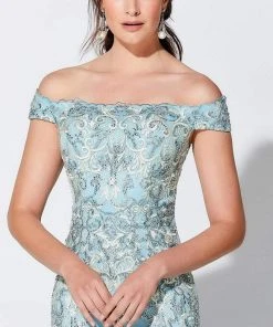 Ivonne D For Mon Cheri - Appliqued Off-Shoulder Gown 119D45 - 1 Pc Bronze In Size 14 Available