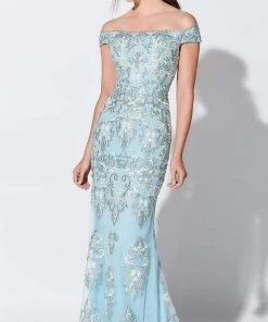 Ivonne D For Mon Cheri - Appliqued Off-Shoulder Gown 119D45 - 1 Pc Bronze In Size 14 Available