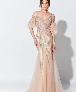 Ivonne D For Mon Cheri - Beaded V-Neck Cold Shoulder Evening Dress 119D46 - 1 Pc Rosegold/Nude In Size 12 Available