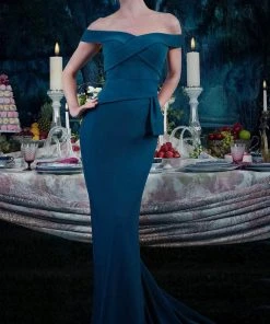 Janique - 16214 Off-Shoulder Bandage Bodice Trumpet Crepe Gown