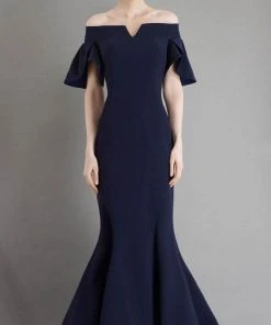 Janique - 1941 Notched Off Shoulder Ruffle Sleeve Evening Gown