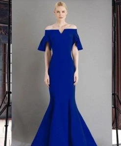 Janique - 1941 Notched Off Shoulder Ruffle Sleeve Evening Gown