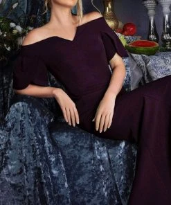 Janique - 1941 Notched Off Shoulder Ruffle Sleeve Evening Gown