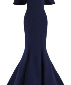 Janique - 1941 Notched Off Shoulder Ruffle Sleeve Evening Gown