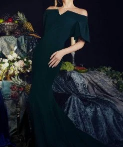 Janique - 1941 Notched Off Shoulder Ruffle Sleeve Evening Gown