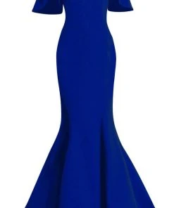 Janique - 1941 Notched Off Shoulder Ruffle Sleeve Evening Gown